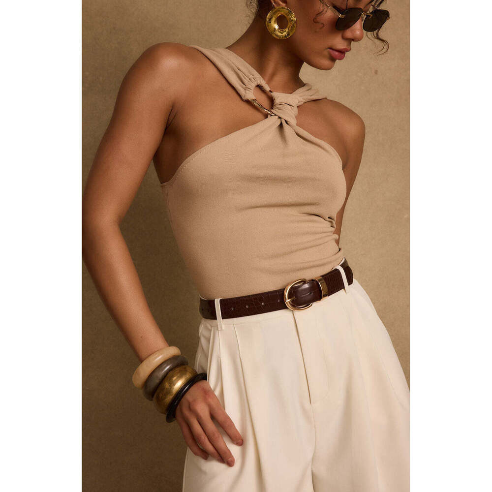 12th Tribe Azula Tan Embellished Halter Top Large, fits small NEW